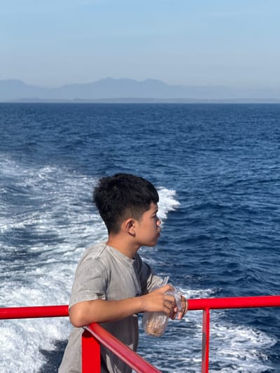A young boy stands on the deck of a boat, leaning on a red railing. He is wearing a grey t-shirt and is holding a clear plastic bag with some food inside. The boy is looking out at the sea. The water is a deep blue with white foamy wakes trailing behind the boat, indicating it is moving. In the distance, hazy blue mountains are visible on the horizon. The sky is a clear, pale blue. The location is the sea near Dong Son, Vietnam.
