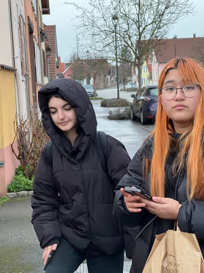 Two young females are depicted standing on a damp paved sidewalk in a residential area of Meistratzheim, France, under an overcast sky.
The female on the left wears a black hooded puffy winter jacket, dark pants, and a black backpack underneath her jacket. Her dark hair is contained within the hood. She is looking downwards and slightly to her right, displaying a faint smile. Her left hand is visible at her side.
The female on the right has long, straight, bright orange hair with bangs and wears eyeglasses with dark frames. She also wears a black puffy winter jacket. She is looking directly forward towards the viewer with a neutral expression. She holds a black smartphone with both hands, positioned for interaction, and a brown paper bag with the partial text "Bon de la Roule" visible, held in her left hand beneath the phone.
The background features a street lined with multi-story residential buildings painted in varying colors including beige/yellow, orange, and pink, with tiled roofs and windows equipped with closed shutters. A paved street runs parallel to the sidewalk, accommodating parked vehicles, including a dark blue/purple sedan and another silver car further down. Bare trees, a black street lamp, and sections of low-lying shrubbery are visible along the street. The ground surfaces of both the sidewalk and street appear wet.