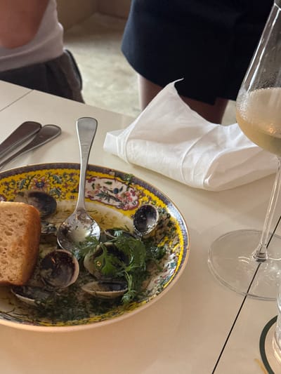 An overhead shot shows a plate of mussels or clams, garnished with dill and parsley, and a piece of bread. A spoon rests on the plate. Utensils lie alongside. A glass of white wine and a wine glass are visible in the background, as is a white linen napkin. Part of a person's dark garment and white shirt are also captured in the frame. The plate has a colorful, decorative rim.