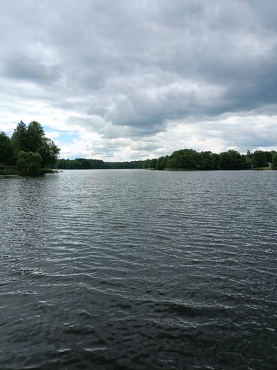 This is a full-frame, eye-level, vertical, outdoor, daytime photograph of a lake on a cloudy day. The foreground is dominated by the rippling surface of dark water. In the middle ground, the opposite shore of the lake is lined with dense green trees and reeds. A small wooden dock with two figures is visible on the left side of the frame, extending into the water. The background features a wide expanse of sky filled with heavy, grey clouds, with some patches of blue sky visible. The scene depicts a natural landscape in the vicinity of Курапольскі сельскі Савет, Belarus.