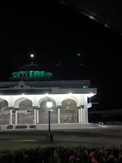 The image captures a night scene in Seuneubok Teungoh, Indonesia, featuring a white building with a green-lit dome resembling a mosque. The architecture includes arched doorways supported by white columns with green accents. A single lamppost illuminates the foreground, revealing a grassy area with flower bushes. The night sky is dark, punctuated by a few small green lights, possibly stars or distant streetlights. A portion of the top-right corner of the image has a darkened region.