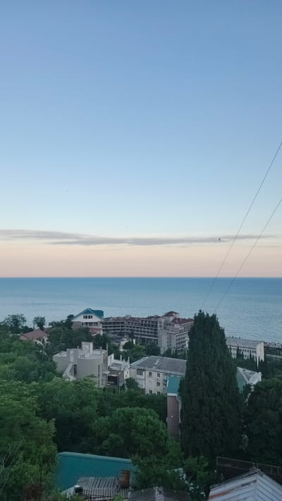 A high-angle, full shot captures a coastal town at dawn or dusk. The sky transitions from a pale blue at the top to soft hues of pink and peach near the horizon. The sea, a deep blue, stretches across the middle ground, meeting the sky with a distinct, calm line.
In the foreground and mid-ground, a dense canopy of lush green trees dominates the scene, interspersed with various buildings. These structures range from smaller, residential-style houses with red and green roofs to larger, multi-story buildings, some appearing to be hotels or apartment complexes. One prominent building in the mid-ground features a distinctive white facade with a modern, circular architectural element. Another large building in the background has a long, linear structure with multiple windows. Rooftops are varied, including corrugated metal and flat surfaces.
Two thin, dark lines, possibly power lines or cables, diagonally traverse the upper right portion of the image, extending from the top edge downwards. A few scattered birds are visible in the sky. The overall impression is one of a coastal settlement nestled amidst abundant greenery, observed from a vantage point above the town. The time of day suggests a peaceful, transitional period.