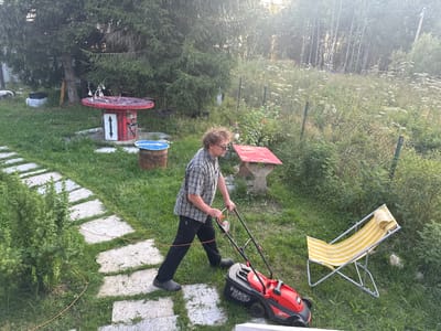 In an outdoor setting, a man with curly brown hair and glasses is pushing a red and black electric lawnmower through a grassy yard. He is wearing a plaid long-sleeved shirt and black pants. A yellow and white striped lounge chair is visible in the background. There is a stone pathway leading through the grass. In the distance, trees line the horizon. The scene appears to be a residential area, possibly in the city of Lyady, Russia, given the context. The time of day appears to be late afternoon or early evening, with soft sunlight filtering through the trees.