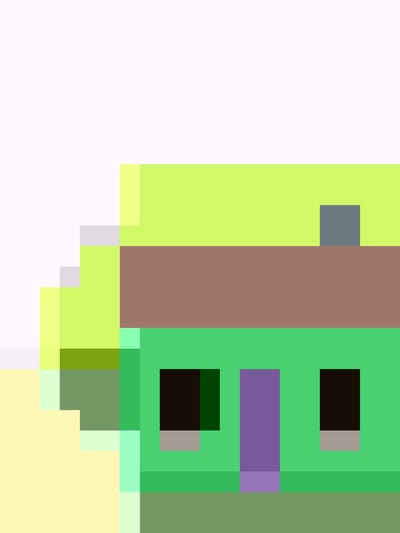 The image is a pixel art representation of a house. The house has a green exterior with a brown roof and a gray chimney. There are two black square windows and a purple door. The house is situated on a green base, and there is a yellow and light green area to the left, possibly representing vegetation or a yard. The background is mostly white, with some light green and gray elements. Without additional information or context, it is impossible to determine the exact location of this house in Mountain View, United States of America. The pixel art style suggests it's a stylized depiction rather than a photograph of a real building.