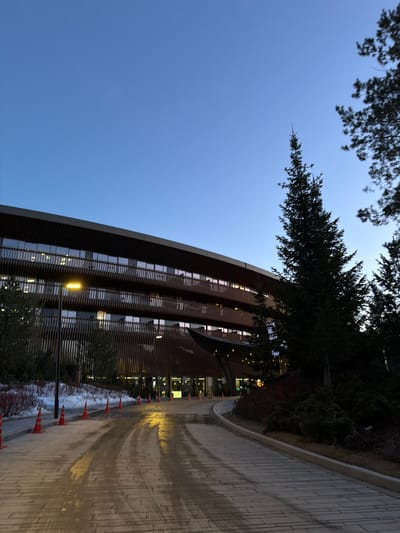 The image shows a curved modern building with horizontal wood-like slats against a blue sky. A tall evergreen tree is partially visible above the building. Along the side of the building is a paved walkway that appears wet, reflecting light. A line of orange cones is positioned between the walkway and a landscaped area. A lamppost illuminates a section of the building and the walkway. It is evening. The building's windows indicate lit interior spaces. The location is Озёрное, Russia.
