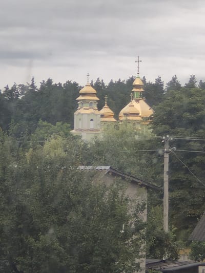 The image shows a view of a church with golden domes behind a dense canopy of green trees. The sky is overcast and gray. In the foreground, to the right of the church, a concrete utility pole with wires is visible. To the lower left of the image, a portion of a building with a slanted roof is also visible, along with more trees. The overall impression is of a church situated in a somewhat rural or suburban area with significant vegetation. The church has multiple domes, with at least two prominent golden domes and a smaller one visible to the left. The church structure appears to be light-colored, possibly white or pale green. The image is taken from a distance, and the details are somewhat obscured by the foliage and the distance. There are no people visible in the image.