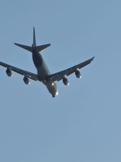 An airplane is seen from below, flying against a clear blue sky. The aircraft has four engines mounted under its wings, two on each side. The tail of the airplane, with its horizontal and vertical stabilizers, is visible at the top. The underside of the fuselage and wings are dark, while the engines appear to have bright, illuminated components. The perspective suggests the airplane is ascending or descending. The scene does not depict any identifiable landmarks or urban elements that would allow for a specific location within Bischofsheim, Germany.