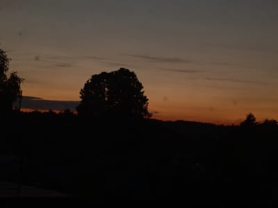 The image displays a serene twilight landscape in Verkhnyaya Salda, Russia, characterized by a dramatic sky and silhouetted natural elements. The upper sky is a dark, muted blue-grey, gradually transitioning into warm orange and amber hues closer to the horizon, indicative of either sunset or dawn. A few faint, wispy clouds are scattered across the sky.
A large, dense tree stands prominently in silhouette in the midground, its full canopy creating a dark, almost black, shape against the colorful sky. To the left, partial branches of another tree are visible, also in silhouette. The horizon line reveals a dark, undulating landscape, likely hills or a distant treeline, which is also heavily treed.
The entire foreground and the lower half of the image are plunged into deep shadow, appearing almost black, with very few discernable details. Faint suggestions of ground cover or low-lying structures can be vaguely made out on the far left. No people are visible, and no specific activity is taking place. The scene conveys a sense of peaceful tranquility at the end or beginning of the day. There is no visible text.