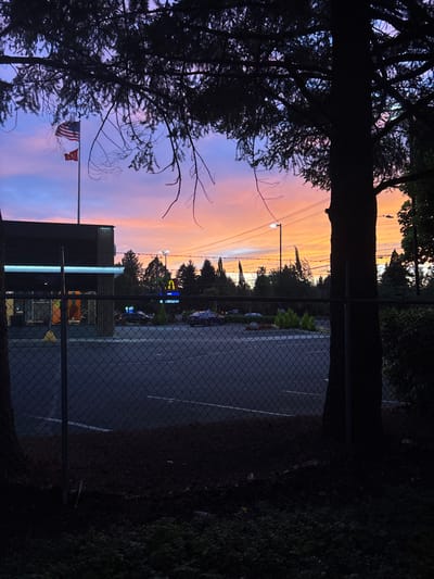 A nighttime view through a chain-link fence, flanked by trees on both sides. A parking lot leads to a line of trees against a vibrant sunset sky of orange and pink. A McDonald's sign is visible. In the foreground, an American flag flies next to a building illuminated with artificial light. Street lights illuminate the scene further.