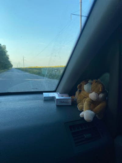 The image shows the interior of a vehicle looking out through the windshield. The dashboard is in the foreground, with two packs of cigarettes and a stuffed animal resting on it. The stuffed animal appears to be a tan and white cat or bear. Through the windshield, a two-lane asphalt road stretches into the distance, bordered by trees on the left and a field of yellow flowers on the right. Telephone poles and power lines are visible against a clear blue sky. The location is identified as Maiske, Ukraine.