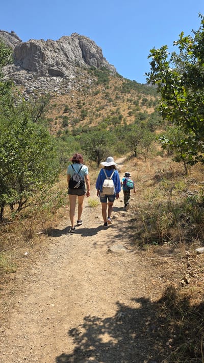 In the city of Terekty, Kazakhstan, three individuals are captured walking along a dirt path that winds through a dry, hilly landscape. The path is surrounded by sparse, dry vegetation and scattered trees, with a prominent rocky mountain dominating the background under a clear blue sky. The group consists of two adults and one child, all walking away from the camera. The adult in the lead wears a light blue t-shirt, dark shorts, and a black backpack. Behind her, another adult is dressed in a blue long-sleeved shirt, light-colored shorts, and a straw hat, carrying a light-colored backpack. The child, in the rear, wears a camouflage-patterned shirt and shorts and a colorful backpack. All three appear to be on a hike, with the environment suggesting a warm, sunny day.