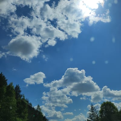 This media file captures a bright, sunny day in Kineshma, Russia. The scene is dominated by a vibrant blue sky filled with fluffy white cumulus clouds. The sun is shining brightly, peeking through the clouds in the upper right quadrant of the image, creating a luminous glow. There are several circular light artifacts scattered across the image, possibly lens flares or dust on the camera lens.
In the lower left of the image, a dense forest of green trees lines a sloping hill. The trees are lush and full, suggesting a warm season. The overall impression is one of a serene and beautiful natural landscape under a clear sky. The time of day is clearly daytime, likely mid-morning to afternoon given the brightness of the sun. The weather is fair and sunny, with scattered clouds. There is no visible text in the image.