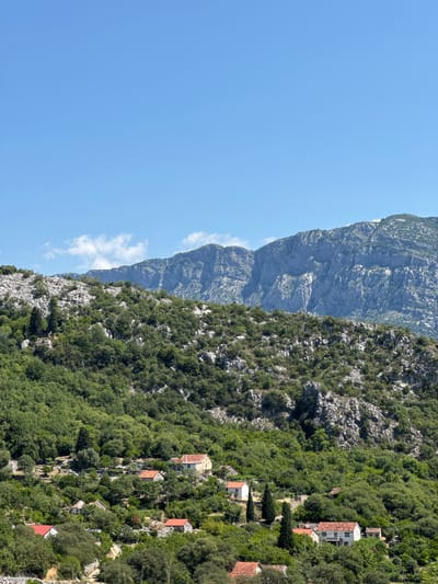 A picturesque landscape of rolling green hills dotted with small houses, set against a backdrop of majestic mountains under a clear blue sky. The scene captures a tranquil rural setting, likely in the mountainous region of Montenegro. The houses, with their terracotta roofs and stone structures, are nestled amidst lush vegetation, suggesting a harmonious coexistence between human settlement and nature. The rugged mountain range in the distance adds a dramatic contrast to the verdant slopes in the foreground, creating a sense of depth and scale. The sky is a vibrant blue, with a few wispy clouds adding texture to the expanse. The overall impression is one of serenity and natural beauty, characteristic of the Montenegrin countryside.