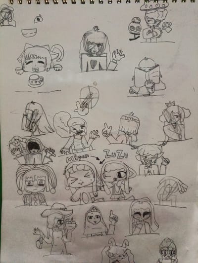 The image is a collection of hand-drawn sketches of various cartoon characters. The drawings are in black and white, rendered in a simple, sketchy style. There are no discernible elements in the image that suggest a specific location in Gampong Blang, Indonesia. The content is purely illustrative and does not contain any geographic or environmental context.