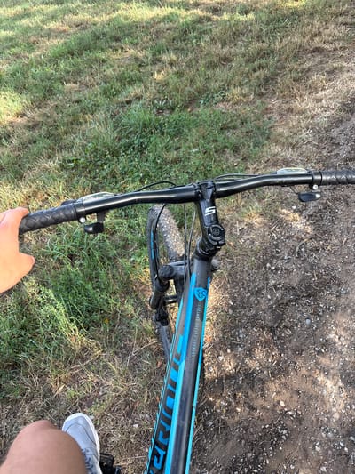 The image shows a first-person perspective of someone on a bicycle, holding the handlebars. The bicycle is black and blue with "SERIOUS CYCLES GERMANY" written on the frame. The rider is wearing grey sneakers. The environment appears to be a park or wooded area, with grass and dirt on the ground. The scene is outdoors and the lighting suggests it is daytime. The location is specified as Birkenau, Germany.