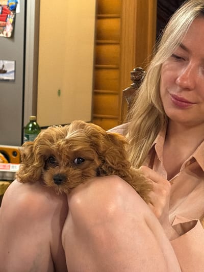 A woman with blonde hair is holding a small brown puppy. The woman is wearing a peach-colored shirt. The background shows a light-colored wall with a refrigerator, and other items suggesting a kitchen setting. There is nothing in the image to indicate it was taken in Shchelkovo, Russia.