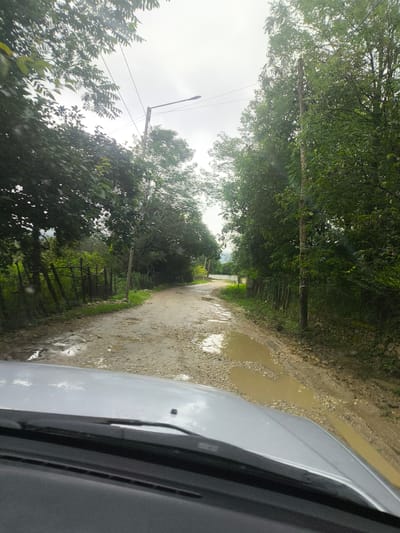 A dirt road passes through a rural area in Skurdi, Georgia. The road is muddy and has several large puddles, suggesting recent rain. Trees and vegetation line both sides of the road, with a wooden fence visible on the left. A streetlamp stands on the right side of the road, and power lines are strung across the sky. The image is taken from the perspective of someone inside a vehicle, with the car's hood and windshield wipers visible in the foreground. The sky is overcast.