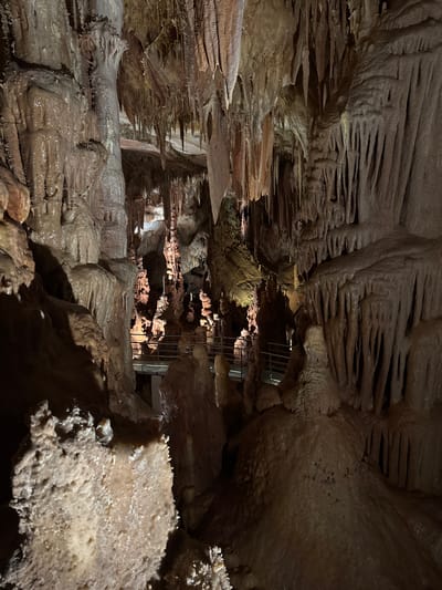 The image depicts the interior of the Cave of the Petrified Skulls in Πετράλωνα, Greece. The scene is dominated by cave formations, including stalactites and stalagmites. A metal staircase or railing is visible, likely installed to facilitate tourist access. The lighting is artificial, highlighting the textures and shapes of the rock formations. No people are visible in the frame.