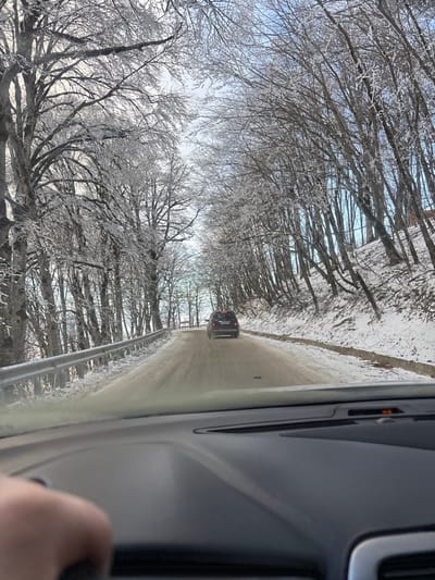 A wintry landscape viewed from inside a car. Snow-covered trees line both sides of a road. Another vehicle drives ahead on the snowy path. The interior of the car is visible on the right, with a hand partially in the frame. The scene suggests a cold, possibly icy, road condition.