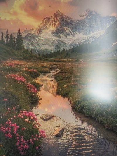 The image depicts a serene mountain landscape at sunset. A winding stream flows through a meadow dotted with pink wildflowers and green grasses. In the background, snow-capped mountains rise majestically against a sky painted with warm hues of orange and yellow, hinting at the setting sun. A small flock of birds is visible in the sky. The overall scene evokes a sense of peace and natural beauty. The location is not in the city of Mirnoye, Ukraine.