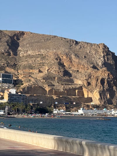 The image captures a vibrant beach scene in Aguadulce, Spain, under a clear, bright sky, suggesting it's midday on a sunny day. Dominating the left side of the frame is a large, rugged, brown cliff face, etched with layers of rock and shadows, hinting at its geological history. Part of the cliff has been cut away, revealing terraced sections.
Along the base of the cliff, a bustling beach stretches towards the blue ocean. Numerous people are spread across the sand, dotted with colorful umbrellas, creating a lively atmosphere. The sea is a deep blue, with gentle waves lapping the shore. Several individuals are in the water, some swimming, while others are on paddleboards, indicating recreational activities are in full swing. A surfer is also visible, riding a wave.
Adjacent to the beach is a strip of white buildings with multiple stories, characteristic of a coastal resort town. Palm trees are scattered throughout, adding to the tropical feel. A wooden boardwalk or structure runs along the bottom right of the image, offering a vantage point for observing the beach and sea.
Small signs are visible on the cliff face, though the text is too small to decipher. One prominent blue rectangular sign with white text is visible on the cliff. The overall impression is one of a popular tourist destination enjoying a warm, sunny day with ample opportunities for relaxation and water sports.