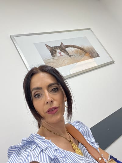 The image, taken indoors, shows a woman with dark hair and makeup taking a selfie. She is wearing a blue and white striped top with ruffled sleeves and a gold necklace with a large pendant. A tan shoulder bag strap is visible across her chest. In the background, a framed photograph of a cat lying on a fluffy surface is hung on a white wall. To the right of the photograph, a section of a dark gray wall is visible. The overall impression is of a domestic or office setting. The location is not specified in the image, and therefore cannot be identified as Wasserliesch, Germany.