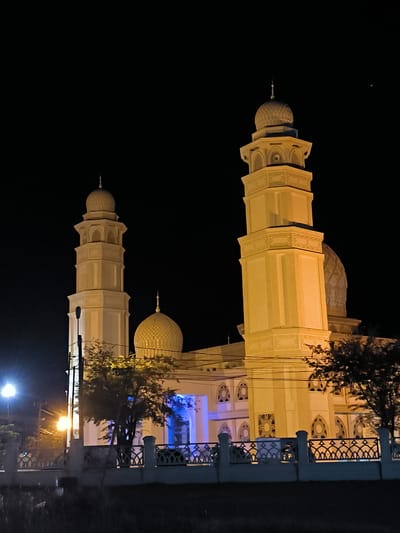 A photograph captures a mosque at night in the city of Santan, Indonesia. The mosque is illuminated by artificial lights, casting a warm yellow glow on its architectural features. Two prominent minarets stand tall, each topped with a dome and finial. A larger dome is visible behind the minarets, part of the main mosque structure. The building's facade displays intricate decorative elements and arched windows. A fence with an ornate pattern runs along the foreground, separating the mosque from the street. Trees with dark foliage are positioned in front of the mosque, partially obscuring the lower sections of the building. Streetlights, one with a bright white light and another with a warm yellow glow, are visible to the left of the mosque, indicating its presence in an urban or suburban area. The night sky is dark, creating a stark contrast with the illuminated mosque.