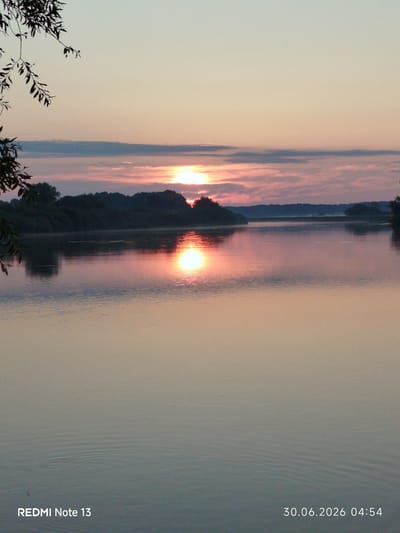This is a photograph of a sunset over a calm body of water, likely a river, in Rahachow, Belarus. The sun is low on the horizon, casting a warm, golden-orange glow that reflects on the water's surface. Silhouetted trees and a distant treeline form a dark band across the middle ground. The sky transitions from pale yellow near the sun to a soft pink and then a muted blue at the top of the frame. The water has a gentle ripple pattern. In the bottom left corner, the text "REDMI Note 13" is visible, and in the bottom right corner, the date and time "30.06.2026 04:54" are imprinted. There are no people or animals visible in the image.
