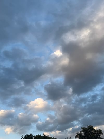 This is a vertical, outdoor, full-frame photograph of a cloudy sky. The clouds are a mix of dark grey and white, with patches of blue sky visible between them. There are some trees silhouetted at the bottom of the frame, suggesting it is late afternoon or early evening. The image appears to be taken from ground level, looking upwards. There are no people or specific landmarks visible. The location, Sovkhoza "Ramenskoe", Russia, is not discernible from the visual content of the image itself.