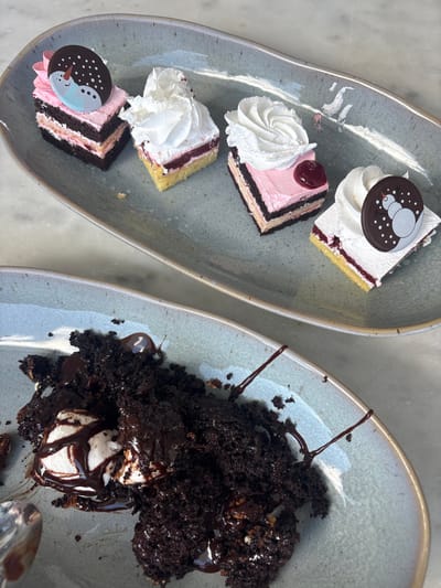 Two blue-gray plates display desserts. One plate presents four square-cut cakes, each layered with different colored fillings and topped with white frosting. One cake features a cherry, while two others have decorative chocolate rounds. The second plate holds a mound of dark chocolate cake, drizzled with chocolate sauce. A dollop of white cream or ice cream is nestled within the cake, also coated in chocolate sauce.