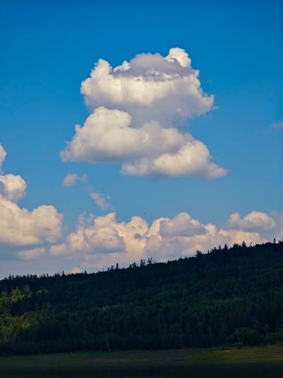 The image depicts a body of water in the foreground, reflecting the sky and the densely forested hillside that rises behind it. The hillside is covered with a thick canopy of dark green evergreen trees, with some lighter green deciduous trees interspersed, particularly on the left side where sunlight illuminates patches of the forest. The tree line forms an undulating silhouette against the sky. Above the treeline, a vast expanse of blue sky dominates the upper portion of the image. Several large, fluffy white cumulus clouds are scattered across the sky, with one particularly prominent cloud formation in the upper center. The clouds are illuminated from the side, creating shadows and highlighting their three-dimensional form. There are no visible people or animals in the image, and no man-made structures are apparent. The scene is one of natural wilderness, with a calm body of water and a verdant, forested landscape under a bright, cloudy sky. The specific location is the city of Podkamennaya Tunguska, Russia.