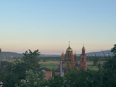 The image shows an outdoor scene dominated by trees in the foreground and a distant landscape with a brick building topped with golden domes. The building appears to be a church or monastery. The sky is clear and light, suggesting it is either early morning or late afternoon. The trees are lush and green, indicating a warm season. The building's golden domes reflect the light. The image is rotated 90 degrees counterclockwise, so the sky appears at the bottom and the ground at the top. There is no visible text.