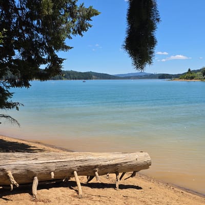 This is a photograph of a body of water with a log in the foreground. The water is a light blue color and appears to be a lake or reservoir. The log is weathered and gray, resting on a sandy beach. In the background, there are rolling hills covered in trees, and a clear blue sky with a few wispy clouds. There are also a few small boats visible on the water in the distance. The scene appears to be a serene, natural landscape. The location is identified as Cherry Grove, United States.