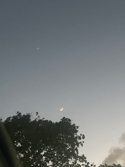 An image shows a crescent moon in a pale sky with a bright star or planet to its upper left. In the foreground, the silhouettes of dark green trees are visible against the sky. The image appears to have been taken at dusk or dawn, given the lighting conditions and the presence of both the moon and a bright celestial object. The location is specified as Conuco Viejo, Venezuela.