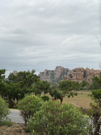 The image captures a landscape scene with a road in the foreground, bordered by vegetation. In the middle ground, lush green trees form a dense canopy, with a few bare branches visible. Beyond the trees, a field of dry, reddish-brown soil stretches into the distance. Dominating the background are imposing, rugged rock formations, characterized by their large, rounded boulders and weathered surfaces. The sky above is overcast with a layer of thick, gray clouds, suggesting a dull or rainy day. Power lines are strung across the sky, spanning the width of the frame. The scene is likely located in or around Addakal, India, given the rocky terrain and vegetation characteristic of the region. No people or specific actions are depicted; the image focuses on the natural environment and geological features.