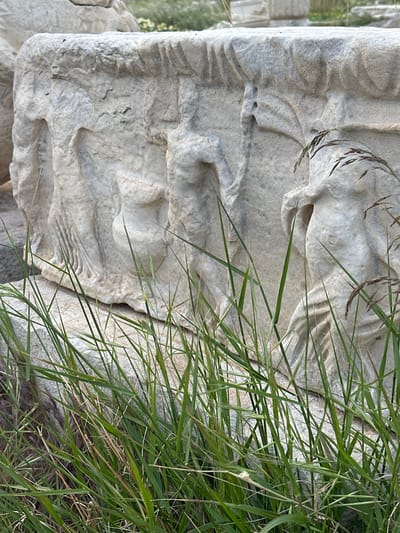 The image captures a detailed section of an ancient stone relief, likely a frieze or sarcophagus, viewed at a vertical orientation. The relief is carved from light-colored stone, possibly marble, and displays intricate figural depictions.
In the upper central part of the relief, partially obscured by green grass, a figure or creature with distinct outlines is visible, possibly with an uplifted limb or head. Below this, a more prominent human-like figure is carved, showing defined musculature or drapery around its body, seemingly in motion or engaged in an act. Its form suggests a dynamic pose, perhaps reaching or struggling. Further to the left and bottom, additional carved elements of the relief are visible, including flowing lines that could represent fabric or natural forms, indicating a complex narrative or mythological scene.
A significant portion of the image, particularly the right and top sections, is covered by vibrant green grass and some feathery seed heads, suggesting the relief is situated outdoors and partially overgrown. The texture of the stone shows signs of age and weathering, with subtle erosion and natural patination over its surface.
The setting appears to be an archaeological site or a ruin in Datça, Turkey, given the context. The lighting suggests it is daytime, with soft shadows indicating a clear sky. There is no visible text on the relief. The scene itself is static, presenting a moment frozen in time from an ancient story or event.