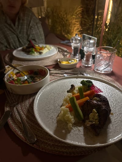 The image depicts a dimly lit table setting, possibly at a restaurant or outdoor dining area in El Gouna, Egypt. On the table, there are several plates of food, including a plate with a piece of meat, vegetables (such as broccoli and carrots), and mashed potatoes. Another plate has a smaller serving of a similar dish. A bowl contains a salad with various vegetables. There's also a glass of water, a salt shaker, and a pepper grinder. Silverware is placed near the plates. The table covering appears to be made of woven material with a textured pattern. In the background, a person is partially visible wearing a checkered shirt, but their face is not clearly discernible. There is also some vegetation or shrubbery visible in the background.