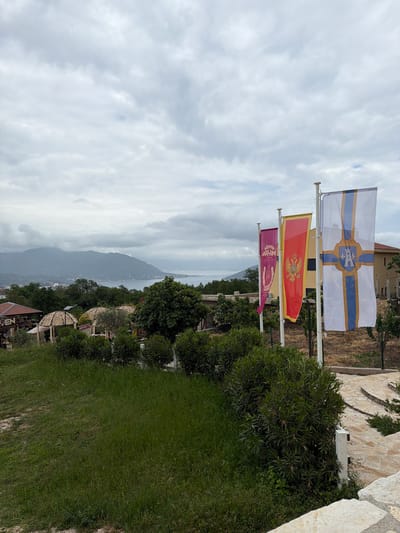 The image shows three flags flown in front of greenery and a mountain range. The top flag is white with a blue cross and a coat of arms in the center. The middle flag is red with a yellow border and a double-headed eagle emblem. The bottom flag is burgundy with text and an emblem. The background includes overcast skies, green trees and grass, a mountain range in the distance, and the edge of a stone wall. The location is in Provodina, Montenegro.