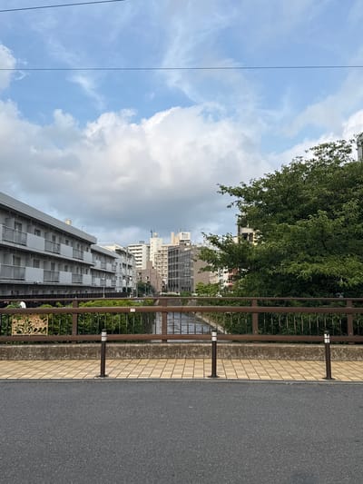 This is a photograph taken from a bridge in Toshima, Japan. The scene depicts a canal running through an urban environment. On the left side of the canal, there is a large, multi-story apartment building with a light gray facade and numerous balconies with white railings. In the background, several other buildings of varying heights and architectural styles are visible, some appearing to be residential and others possibly commercial. A dense, green tree with lush foliage is prominent on the right side of the image, obscuring a portion of the buildings behind it. The bridge itself features a brown metal railing with vertical bars and a decorative panel on the left side. The walkway on the bridge is paved with yellow tiles arranged in a grid pattern. The foreground shows a dark asphalt road. The sky above is a mix of blue with scattered white and gray clouds. Two black bollards with white reflective tops are positioned on the edge of the walkway. A few indistinct figures can be seen on the far bank of the canal, near the apartment building. The overall impression is of a typical cityscape with residential and green spaces integrated along a waterway.