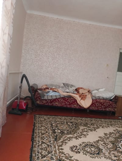 The image displays an indoor room in Zviahel, Ukraine. The walls are covered with light-colored wallpaper featuring a subtle, repeating patterned design, meeting a white ceiling. The floor is red-orange, partially overlaid by a rectangular rug with a cream background and a dark, ornate floral or abstract pattern. A dark red sofa with patterned upholstery is positioned against the wall, laden with a grey patterned blanket, a light blue fabric item, a tan blanket, and a white pillow, presenting a disheveled appearance. To the left of the sofa, a red canister vacuum cleaner with a black hose and nozzle stands on the floor. A light-colored sheer curtain is visible on the far left, next to a white horizontally ribbed radiator. A white door is partially visible on the far right side of the room. No individuals are present in the scene.
