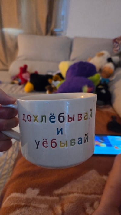 The image shows a white mug with Russian text printed on it in colorful letters. The mug is held by a hand, and the background is blurred, showing a couch and some stuffed animals. The text on the mug appears to read "дохлёбывай и улыбай" which translates to "drink up and smile". The overall impression is casual and domestic, with a focus on the mug.