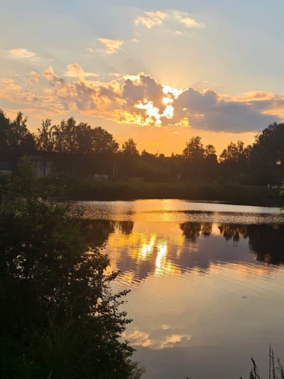 An eye-level, full outdoor shot captures a serene sunset over a body of water in Речник-1 Снт, Russia. The sky is a canvas of soft blues and oranges, with the sun peeking through a cluster of dramatic clouds, casting golden rays downwards. Below, the water mirrors the sky's splendor, reflecting the vibrant colors and cloudy formations with gentle ripples. Along the far bank, a dense line of trees creates a dark silhouette against the warm glow of the setting sun. In the foreground, lush green foliage and tall grasses frame the left side of the scene, with some branches extending into the water. On the right side of the far bank, a couple of indistinct figures and a vehicle are visible, suggesting a human presence in the otherwise tranquil landscape. The overall impression is one of peace and natural beauty as day transitions into evening.