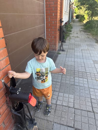 A young boy with brown hair is standing on a paved walkway in front of a brick wall and a brown garage door. He is wearing a light blue t-shirt with a graphic of construction vehicles, orange shorts, and sandals. The boy is looking down and holding onto a black metal sculpture of a dog with a red tongue and white eyes. The walkway is made of square grey pavers and is lined with green grass and trees. In the background, a narrow alleyway leads away from the scene, with buildings and more greenery visible. The overall impression is a casual outdoor setting on a sunny day.