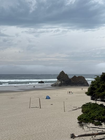 The image depicts a serene beach scene in Arch Cape, United States, under a cloudy sky. The vast expanse of sand stretches towards the ocean, where waves gently roll in. In the mid-ground, a prominent rock formation stands majestically in the water, its rugged silhouette a striking contrast against the muted tones of the sea and sky. Several people can be seen strolling along the shoreline, their figures small against the grand natural landscape. A blue tent is pitched on the sand, suggesting a leisurely day spent by the coast. To the right, the lush green foliage of coastal trees frames the scene, adding a touch of vibrant color to the otherwise subdued palette. The overall atmosphere is one of tranquility and natural beauty.