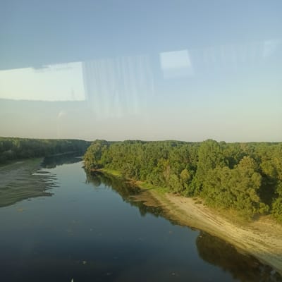 The image shows a wide river with dense green trees lining its banks. The sky is clear and pale blue. The water reflects the trees and the sky, creating a mirror image. There are some sandy areas visible on the riverbanks. The photograph appears to have been taken from a slightly elevated position, possibly from a bridge or a building. Reflections of curtains or blinds are visible in the upper part of the image, suggesting the photo was taken through a window. The text "ISSUE DE SECOURS" is visible in reflection on the upper left side of the image, which translates to "Emergency Exit" in French. This may indicate the location is near or within a transportation hub or a building with such signage. Based on the landscape, the scene is likely a river flowing through a forested area, potentially within or near the city of Giurgiu, Romania, known for its location on the Danube River.