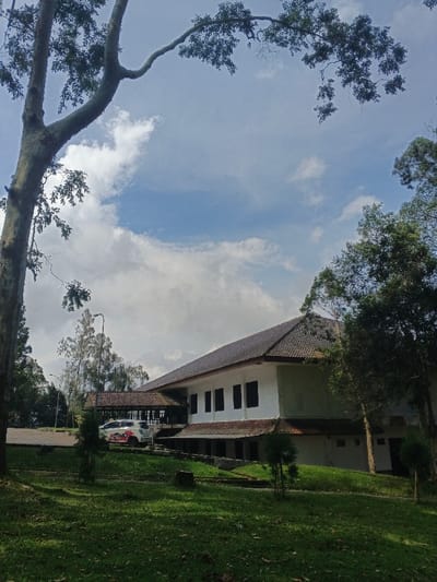 A single-story building with a dark tiled roof and white exterior walls sits on a grassy lawn under a partly cloudy sky. Several rectangular windows line the building's side. A covered walkway is attached to the building. Cars are parked beyond this walkway. Trees frame the structure on both sides, with one prominent tree in the foreground. The sky shows patches of blue amidst the clouds.