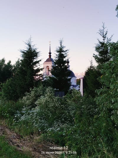 The image captures a view of a church structure, partially obscured by dense green foliage. The church features a white facade with arched windows and a dark, domed roof topped with a cross. In the foreground, various trees and shrubs with small white flowers create a lush, overgrown environment. The sky above is a pale, clear blue with a hint of pink, suggesting it might be dusk or dawn. Text overlay on the bottom right indicates "realme 12" and a date and time in Cyrillic, "26 июня 2026 г. в 21:06". The scene appears to be outdoors in a natural setting.