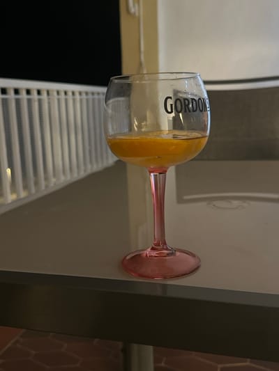 A tilted view of a "Gordon's" gin and tonic cocktail with an orange slice in a pink-stemmed glass on a flat surface. The glass is partially filled with liquid. Blinds are visible in the background through a window. A grey wall and a section of reddish-brown hexagonal tiling are to the right of the glass.