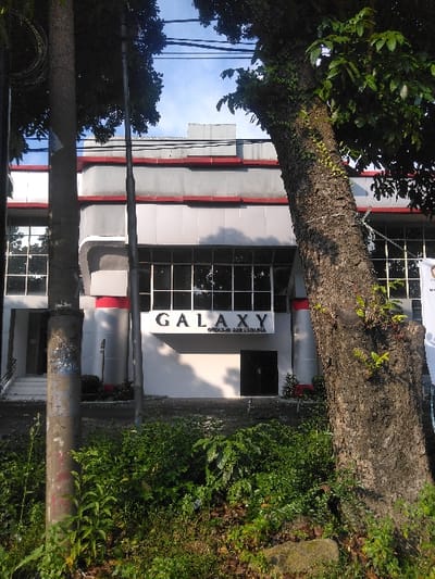 This image depicts the exterior of a commercial building identified as "GALAXY" in Pital, Costa Rica. The two-story structure features a gray and white facade with prominent red horizontal banding. Large, rectangular glass windows are present on both levels, with curved architectural elements on the central portion of the building. The word "GALAXY" is displayed in white capital letters on a dark horizontal panel above a dark, recessed entrance door. Below "GALAXY," smaller, partially illegible text is visible. To the far left, white steps lead to another entrance, partially obscured by a utility pole.
In the immediate foreground, a dense patch of green foliage and undergrowth occupies the lower portion of the frame, with several rocks embedded within it. A gray utility pole stands vertically in the left midground, displaying some faded markings. To the right, a large tree trunk with dark, textured bark leans into the frame, partially obscuring the right side of the building. Vines and smaller plants are visible growing on the tree trunk. Overhead, power lines stretch across a clear blue sky, which dominates the upper background. No individuals or active movements are observed in the scene. The lighting indicates bright daylight conditions.