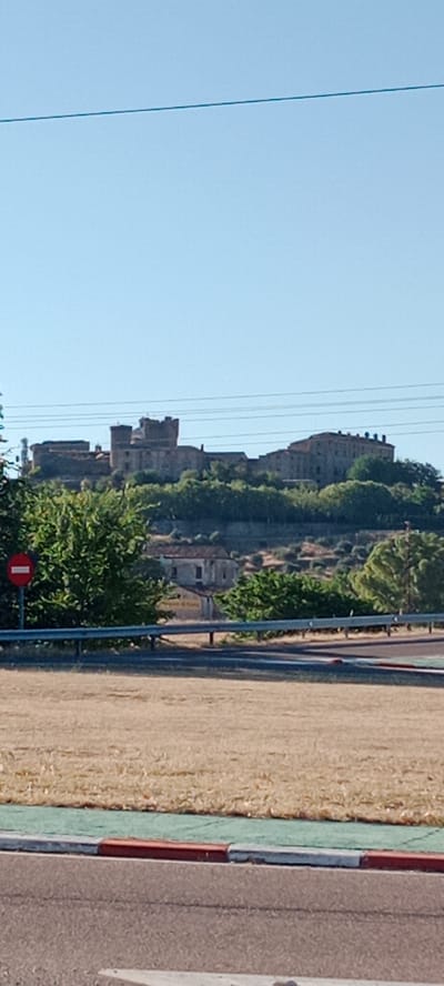 The image shows a wide shot of a castle on a hill in Oropesa, Spain. The castle is a prominent structure with multiple towers and buildings. In the foreground, there is a road with a guardrail and a patch of dry grass. A red and white traffic sign is visible to the left of the frame. The sky is clear and blue. The overall scene depicts a historical landmark situated in a rural or semi-rural environment.